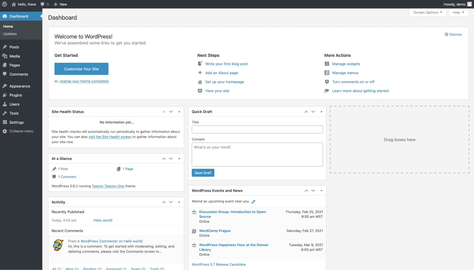 WordPress dashboard